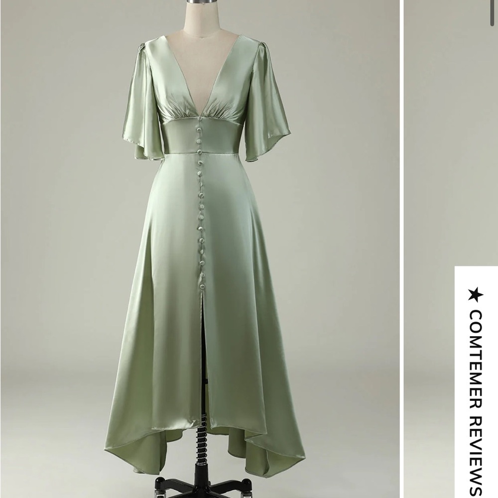 Dusty Sage A Line deep V Neck Bridesmaid Dress with Half Sleeves